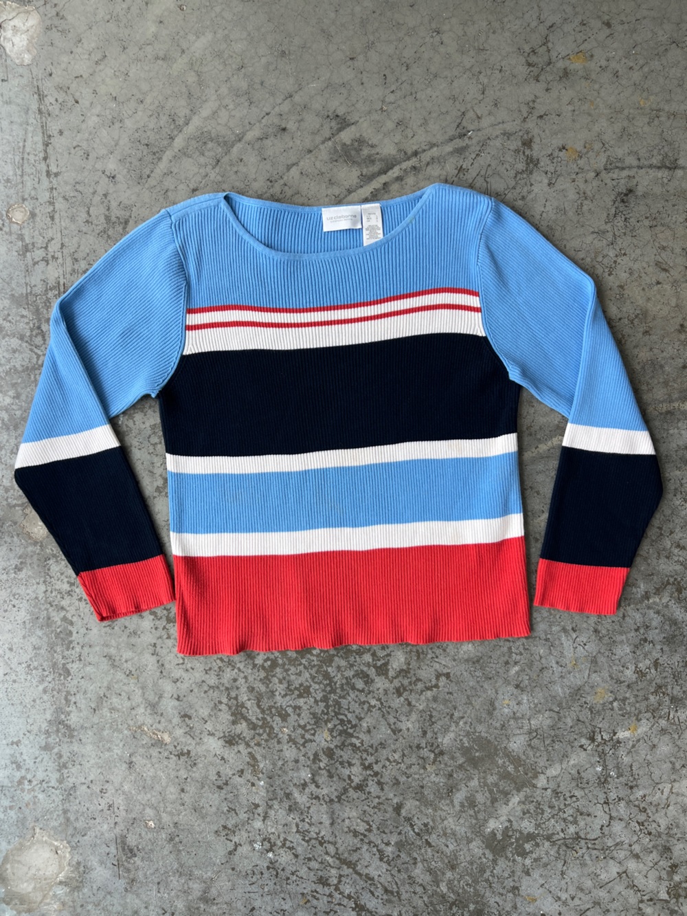 Liz Claiborne Light Blue Sweater with Red & White Stripes Knit Top Women’s Large